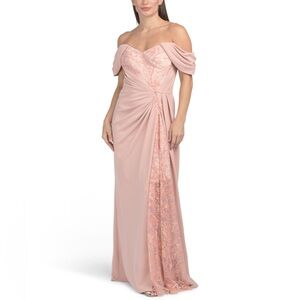 TADASHI SHOJI Pilat Bead Embellished Embroidered Gown Pale Pink Off the Shoulder